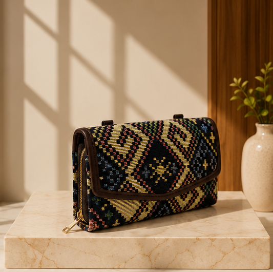 Jacquard Double Zipper Handbag(Wildwood Blue)