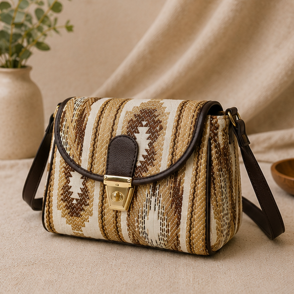 Classic Jacquard Turn Button Sling Bag (Brown)