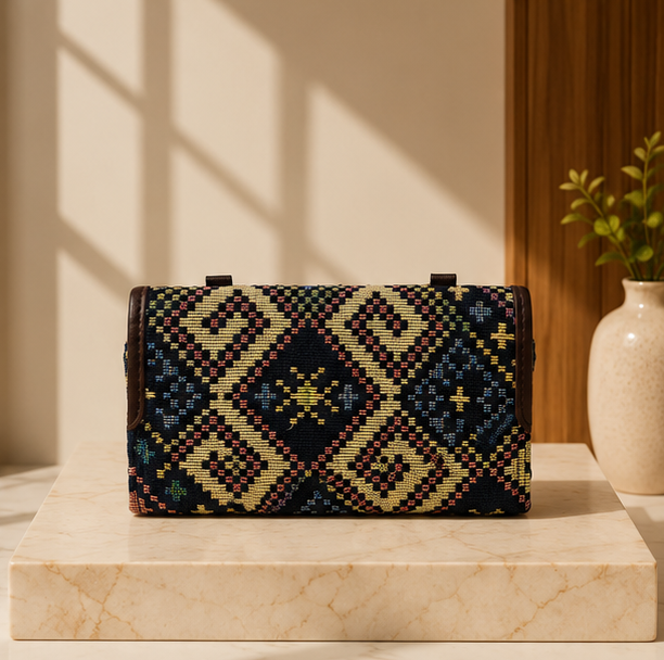 Jacquard Double Zipper Handbag(Wildwood Blue)