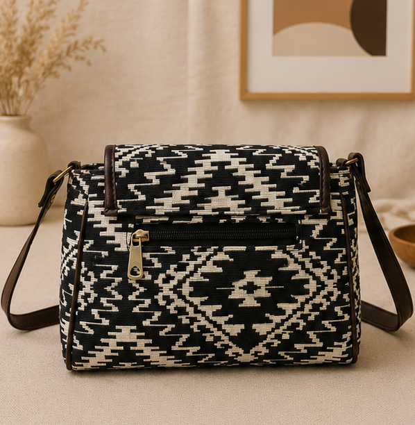 Classic Jacquard Turn Button Sling Bag (Black)