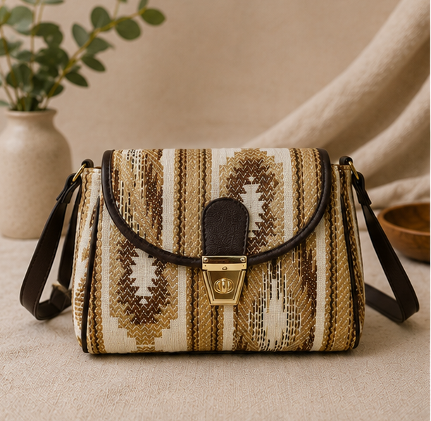 Classic Jacquard Turn Button Sling Bag (Brown)