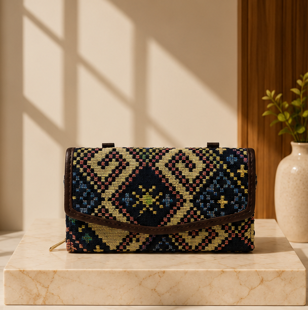 Jacquard Double Zipper Handbag(Wildwood Blue)