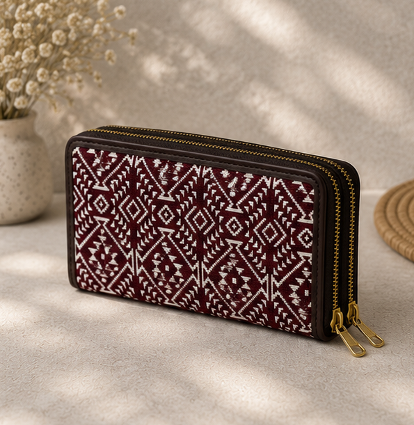 Jacquard Double Zipper Wallet (Maroon)