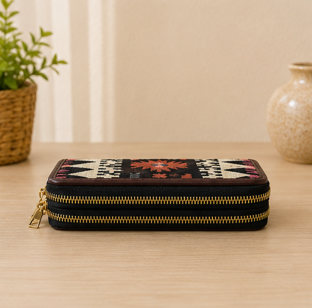 Jacquard Double Zipper Wallet (Boho Black)