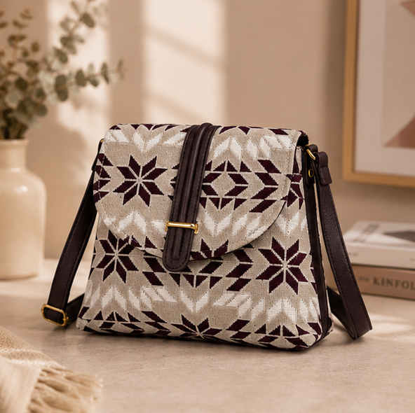 Classic Jacquard Turn Button Sling Bag (off-cream)