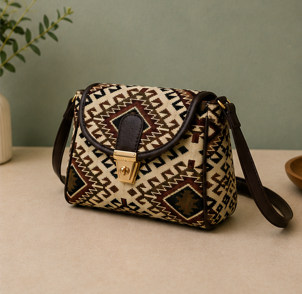 Classic Jacquard Turn Button Sling Bag (Blurry Brown)