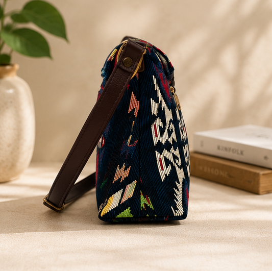 Classic Jacquard Turn Button Sling Bag (Dark Blue)