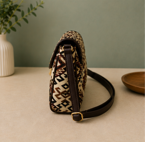 Classic Jacquard Turn Button Sling Bag (Blurry Brown)