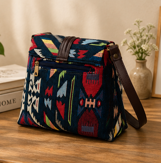 Classic Jacquard Turn Button Sling Bag (Dark Blue)