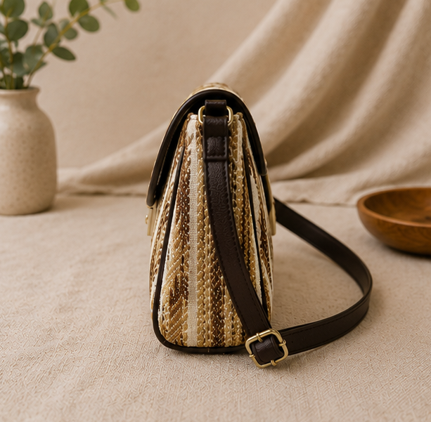Classic Jacquard Turn Button Sling Bag (Brown)