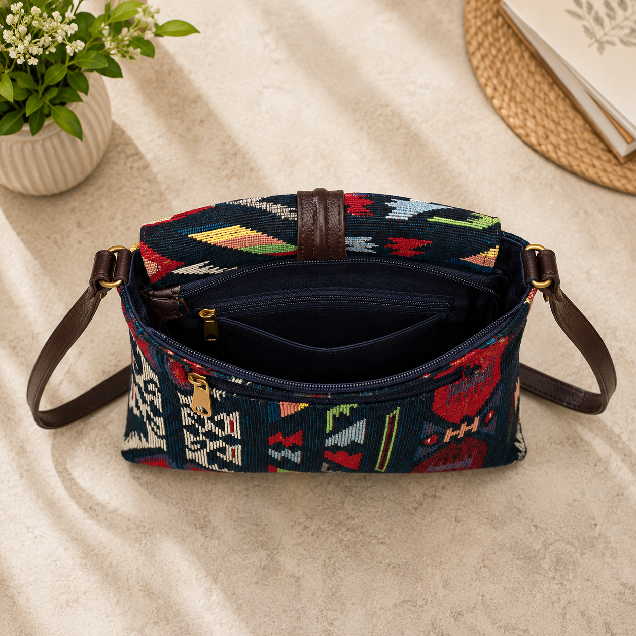Classic Jacquard Turn Button Sling Bag (Dark Blue)