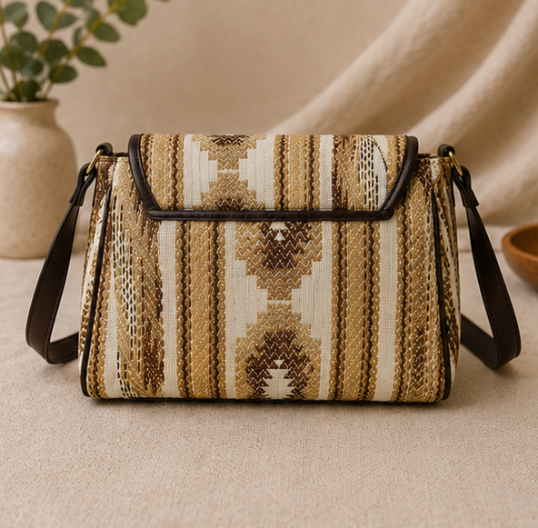 Classic Jacquard Turn Button Sling Bag (Brown)