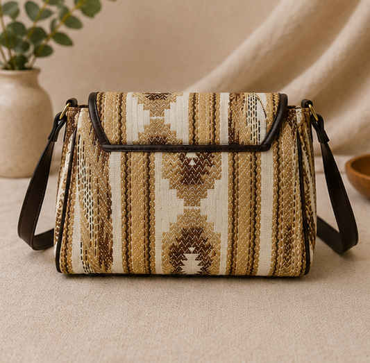 Classic Jacquard Turn Button Sling Bag (Brown)