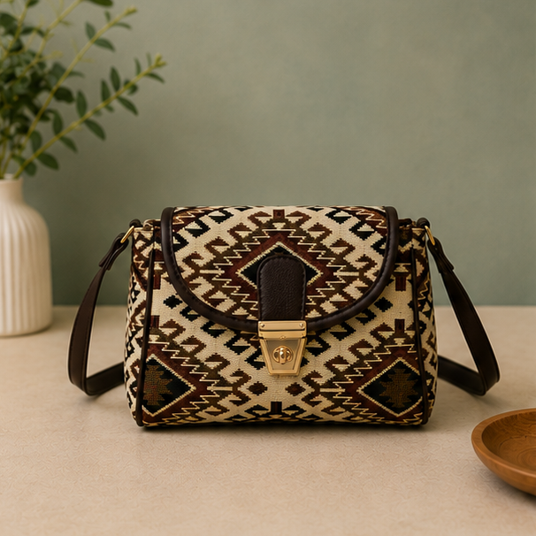 Classic Jacquard Turn Button Sling Bag (Blurry Brown)