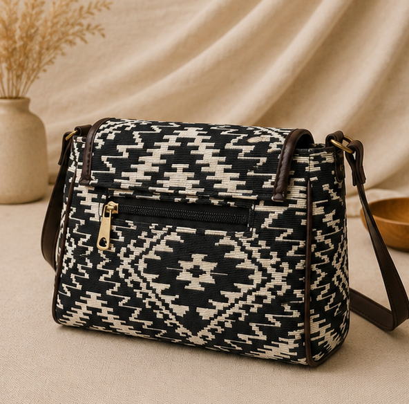 Classic Jacquard Turn Button Sling Bag (Black)