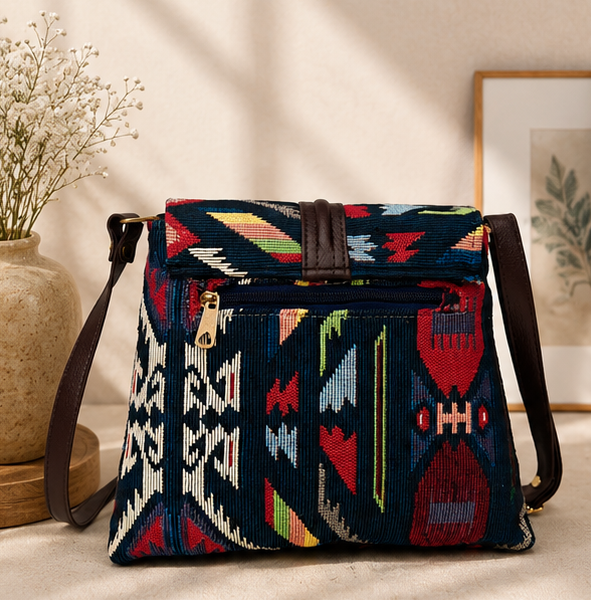 Classic Jacquard Turn Button Sling Bag (Dark Blue)