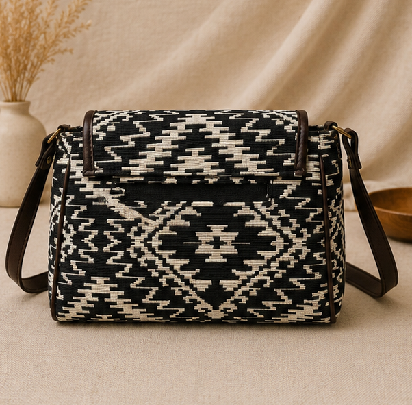 Classic Jacquard Turn Button Sling Bag (Black)