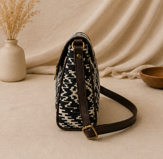 Classic Jacquard Turn Button Sling Bag (Black)
