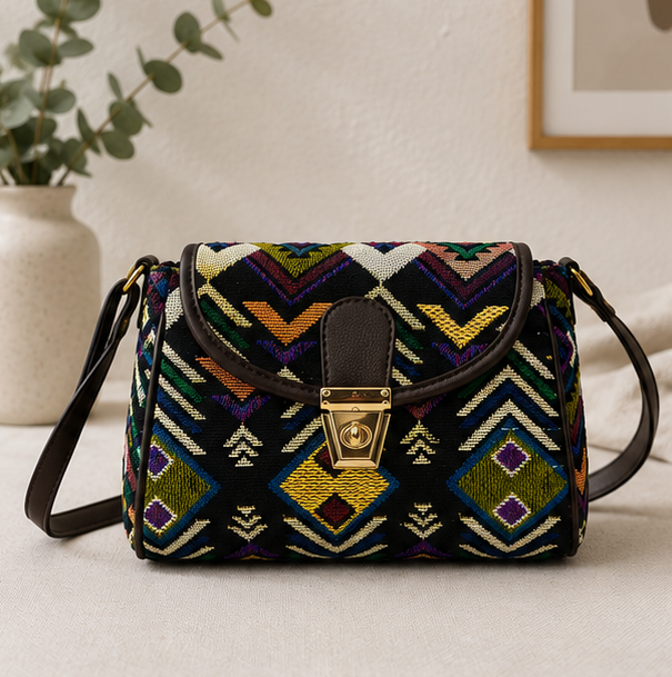 Classic Jacquard Zig Zag Turn Button Sling Bag