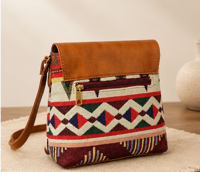 Jacquard flap sling (jacquard fabric with leatherite(Vegan))