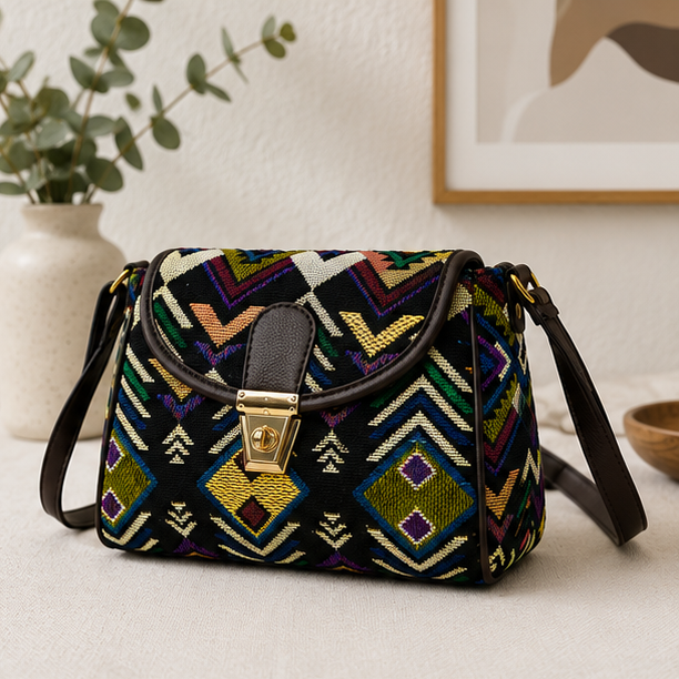 Classic Jacquard Zig Zag Turn Button Sling Bag